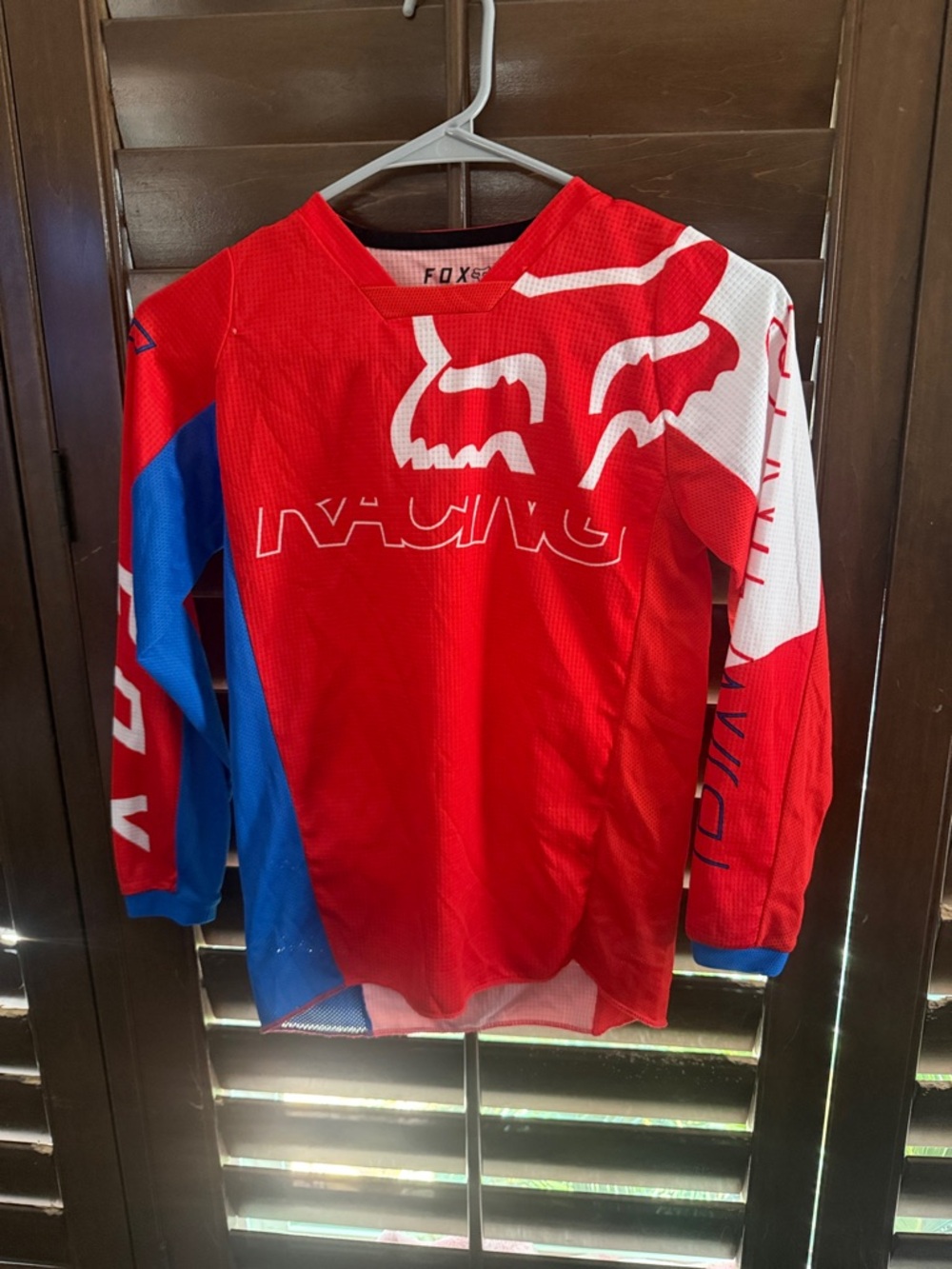 Fox Red, Blue & White Kids Long-Sleeve Racing Jersey